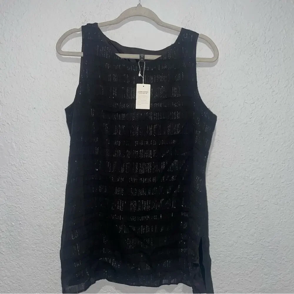 Eileen Fisher Sheer Silk Glimmer Ballet Neck Tank Easy Fit, Long Length Small